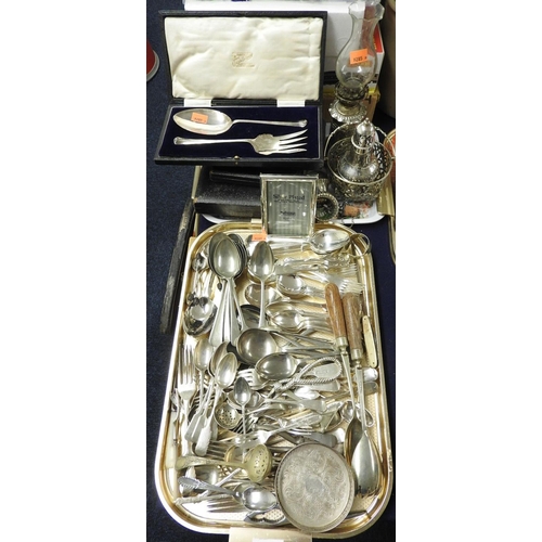 101 - Assorted loose silver plated and other cutlery, also boxed cutlery, silver plated table lamp and oth... 