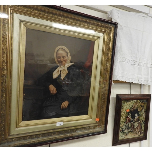 80 - Victorian gilt framed studio tinted photographic portrait of a lady seated, also a Victorian woolwor... 