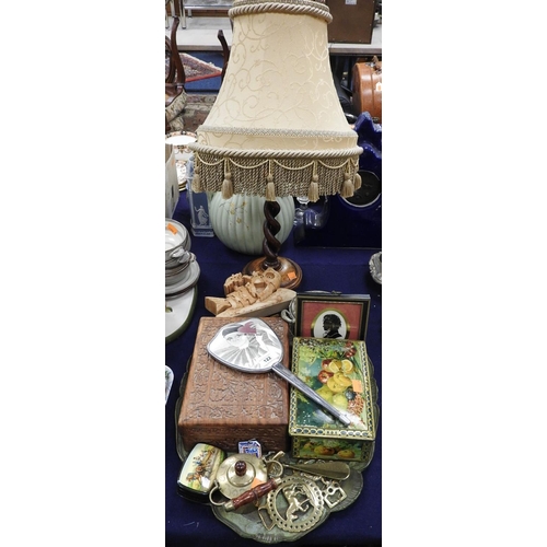 122 - Oak open barleytwist table lamp, carved wooden box, toffee tin, ornamental brassware etc