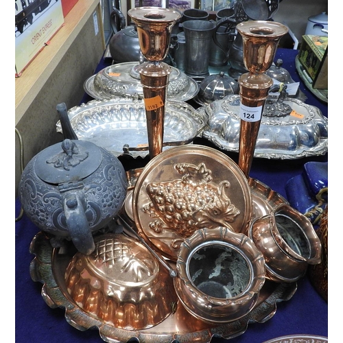 124 - Pair of Victorian copper candlesticks, other copper wares and a Victorian pewter teapot