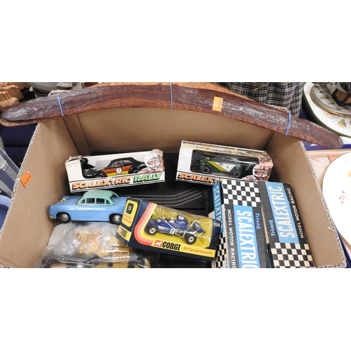 127 - Two Scalextric cars (and two empty boxes for a Lister Jaguar and an Aston Martin E2), tinplate frict... 