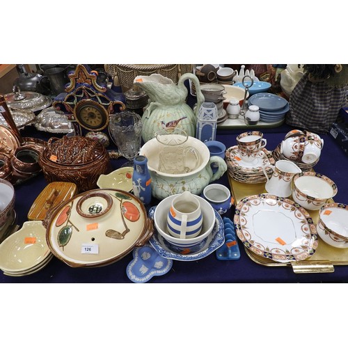 126 - Victorian majolica mantel clock, other decorative ceramics and a Salisbury china tea service