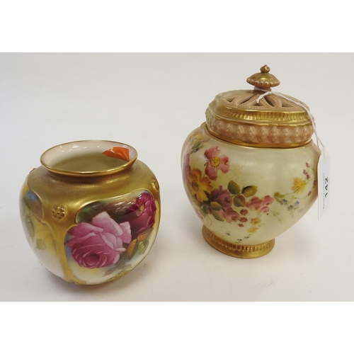 142 - Royal Worcester blush ground pot pourri jar and cover, circa 1905, also a Royal Worcester Hadley vas... 