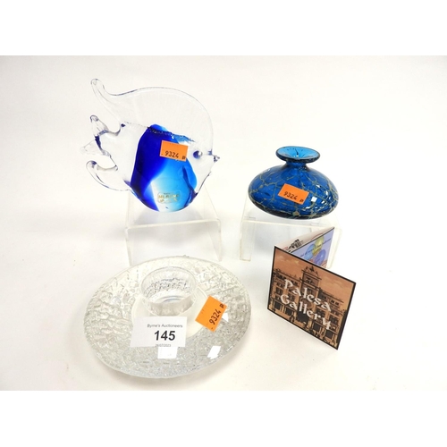 145 - Murano glass fish ornament, also a Mdina glass squat vase and a glass tealight holder (3)