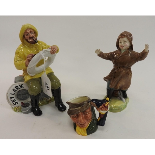 163 - Royal Doulton china figure 'The one that got away', another 'The boatman', and a miniature character... 