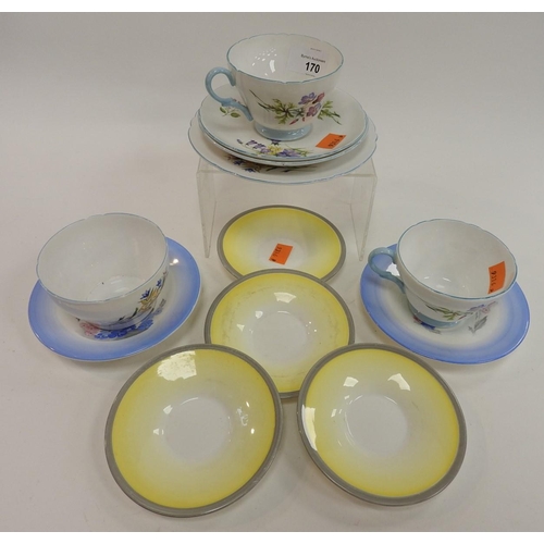 170 - Shelley china tea wares including four yellow and grey bordered Regent saucers (pattern 12128)