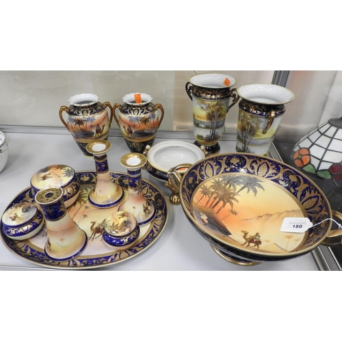 180 - Pair of Noritake desert scenes vases, similar bowl, dressing table set and a powder bowl (13)