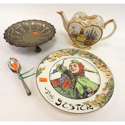 181 - Staffordshire Walk in the Garden pattern heart shaped teapot, also a Royal Doulton Jester plate, Kin... 