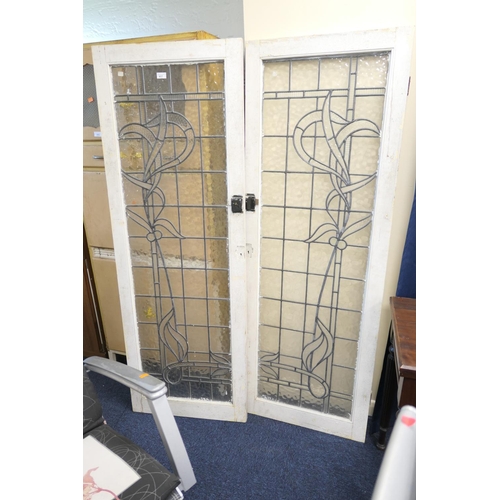 417 - Pair of Edwardian painted and leaded glass doors, Art Nouveau influence, 172cm x 61cm