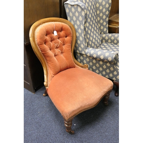 420 - Victorian walnut and upholstered lady's spoon back chair, width 63cm, height 87cm