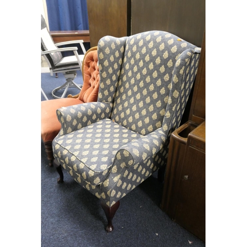 421 - Modern blue fabric upholstered wing armchair