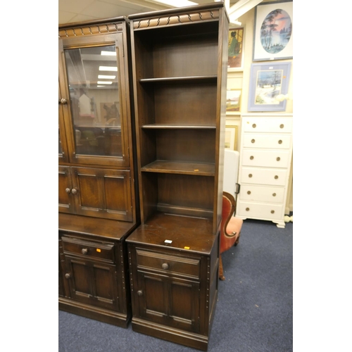 443 - Ercol dark stained oak and elm open bookcase cabinet