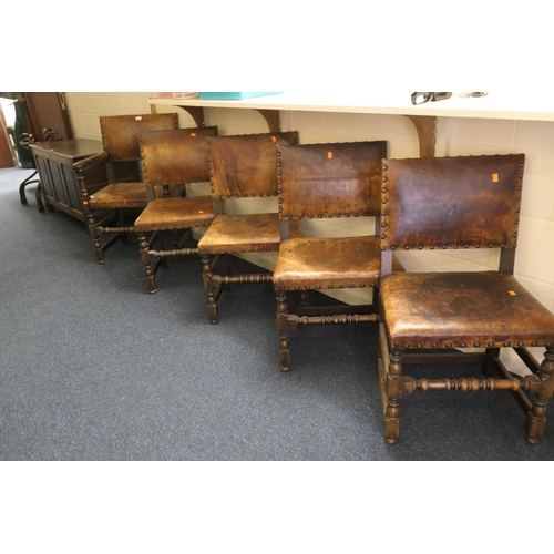 594 - Set of five oak and brown brass studded leather upholstered dining chairs