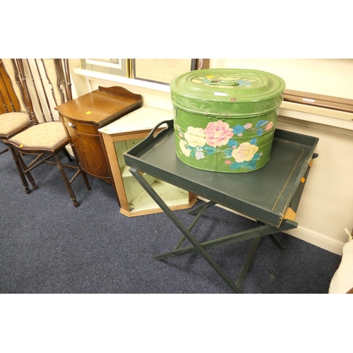 399 - Mahogany bow front night cabinet, painted tin hat box, green painted butler's tray on stand, and a p... 