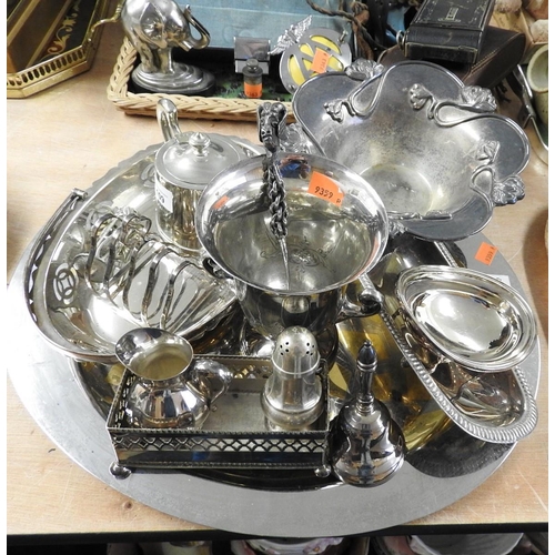 109 - Assorted silver plated wares including inlaid oval tray, Jordan embossed bowl, pedestal mounted twin... 