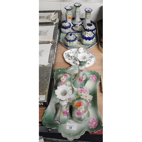 32 - Japanese blue and green decorated dressing table set, further continental green and floral decorated... 