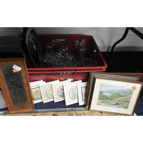 37 - Assorted household wares including stainless steel serving trays, glassware, prints and some framed ... 