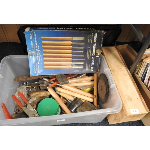 72 - Assorted wood turning chisel and tools and further hand tools etc.; also two rectangular wooden stor... 