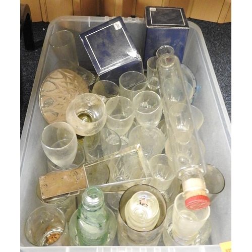 76 - Box of pedestal glassware and whisky tumblers; also Laycocks, Chester bottle and a Pyrex rolling pin... 