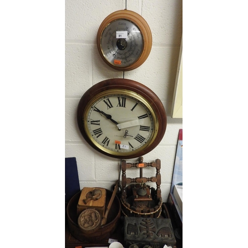 81 - Vintage treen butter markers (2), pine cased barometer, Librasco wall clock (af), inlaid mahogany tr... 