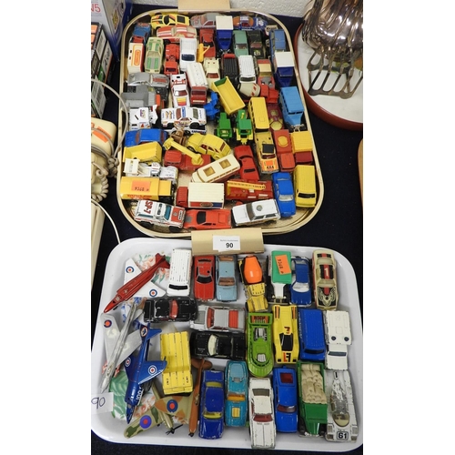 90 - Played with Matchbox and Corgi die cast vehicles and planes (2 trays)