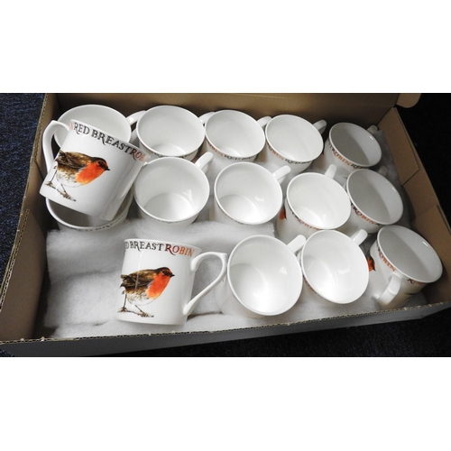 92 - Boxed case of 15 unused mugs printed with robins