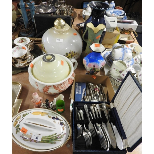 99 - Mixed lot including silver plated cutlery, Royal Worcester lidded tureen, three vases, two lightshad... 