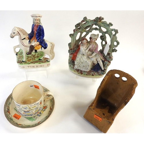 160 - Two Staffordshire flat back figures including 'Tom King', Burleigh ware 'Farmer's Arms' mug and sauc... 