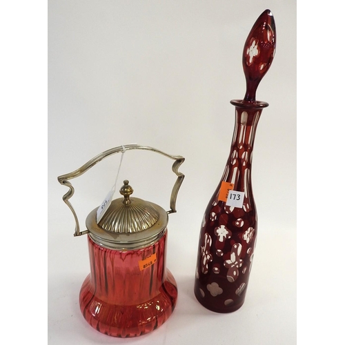 173 - Cranberry glass and silver plated lid and handle tea jar; also a ruby flash decanter (2)