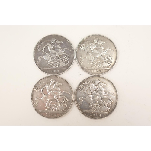 281 - Four Victorian silver crowns, 1889, 1890, 1892 and 1894 (F - V/F), gross weight approximately 111g