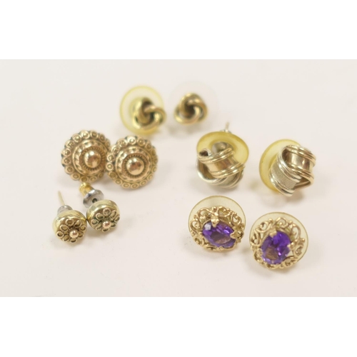 296 - Pair of 9ct gold knotted ribbon ear studs, further pair of 9ct gold knot form ear studs, pair of 9ct... 