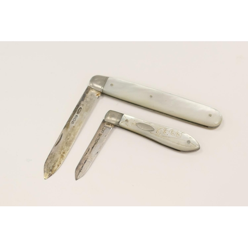 320 - Two silver and mother-of-pearl folding fruit knives