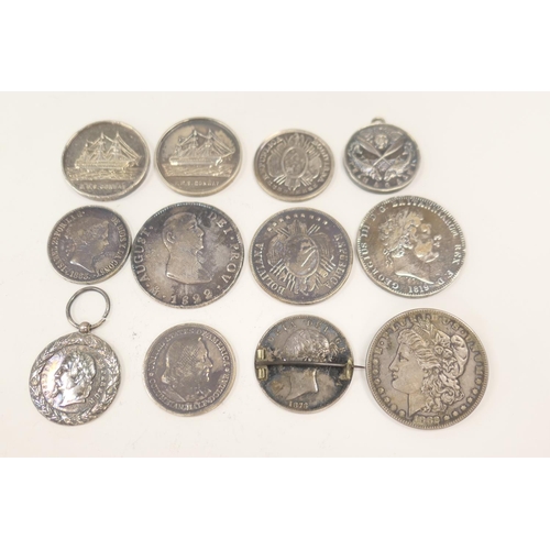 324 - George III silver crown, 1819 (F), two HMS Conway silver racing medallions, Columbian and Bolivian c... 