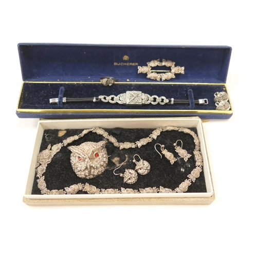 325 - Bucherer Art Deco marcasite lady's cocktail watch in original box; also pair of marcasite clip earri... 