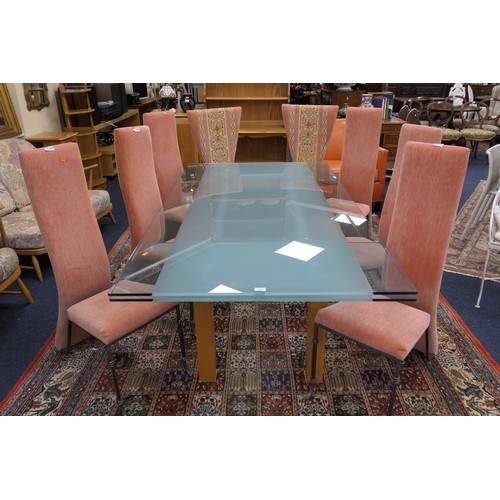 471 - Set of six metal framed and pink fabric upholstered sprung back dining chairs and an additional two ... 