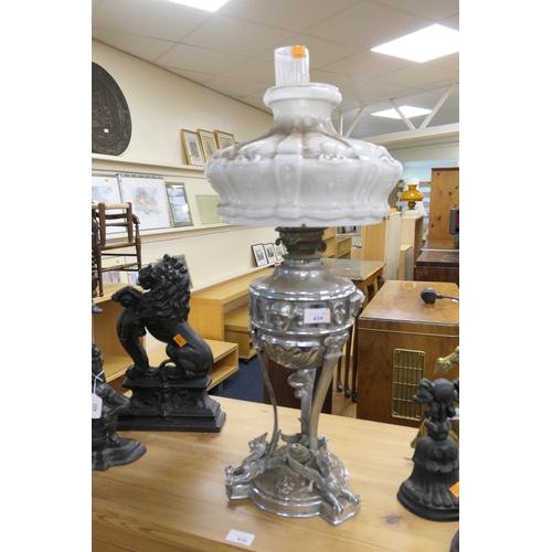 434 - French chromed pedestal oil lamp with white moulded glass shade, circa 1900, height 70cm