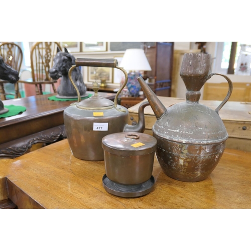 477 - Victorian copper ice cream bombe mould, height 11cm; also a Victorian copper kettle and North Africa... 