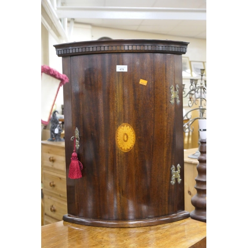 478 - Mahogany and inlaid bow front hanging corner cupboard, height 87cm