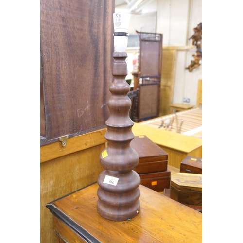 480 - Unusual retro style turned hardwood lamp base, height 52cm