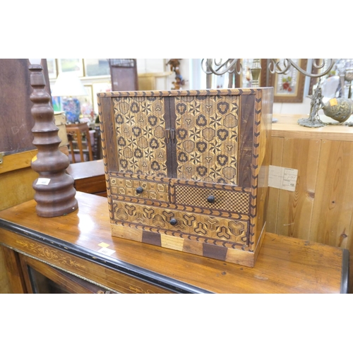 481 - Japanese parquetry table cabinet (Taisho 1912 - 1926) with tambour door front, width 36cm, height 36... 