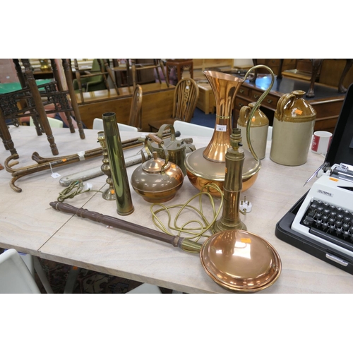 563 - Victorian brass watering can, shell case, ornamental copper wares (7)