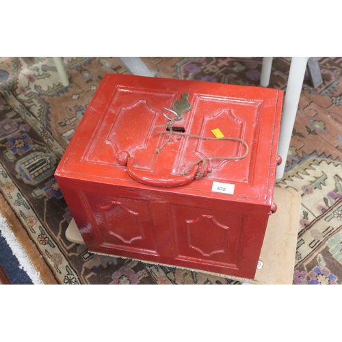 572 - Victorian painted cast iron strongbox with key, 40cm x 31cm x 31cm