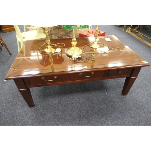 575 - A 'Grange' mahogany plate glass topped coffee table fitted with drawers, 130cm x 81cm, height 50cm