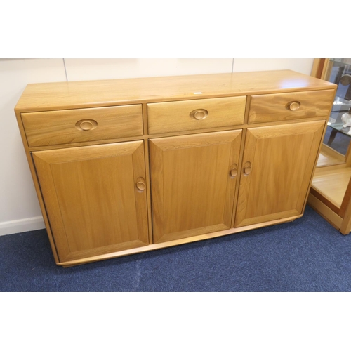 585 - Ercol light elm sideboard on plinth base, width 156cm, depth 45cm, height 93cm