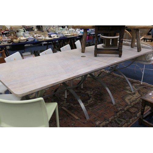 567 - Large limestone patio dining table with metal supports, length 250cm, width 106cm (NB: This is very ... 