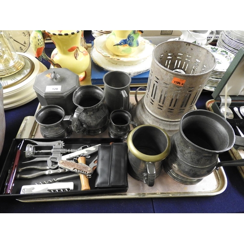 120 - 19th Century pewter baluster tankards and measures, also a hammered pewter biscuit barrel, corkscrew... 