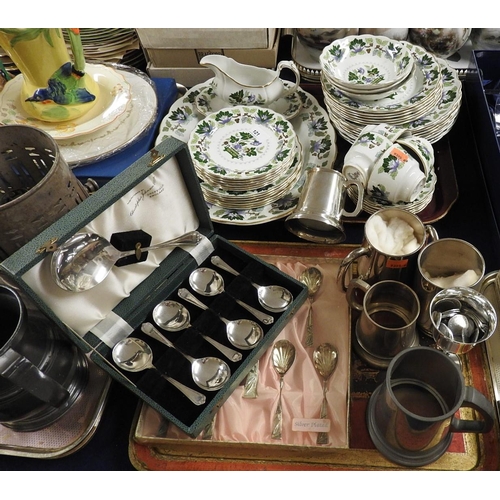 121 - Booths Jade Lotus pattern part dinner and tea service, also pewter and other plated tankards, cased ... 