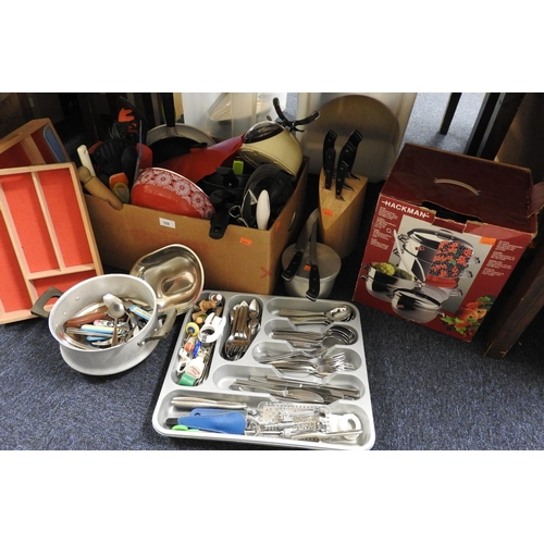 122 - Assorted kitchenalia including pots, pans, steamers etc