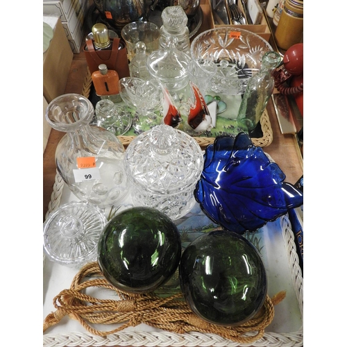 99 - Assorted glassware including green glass fish floats (2 trays)