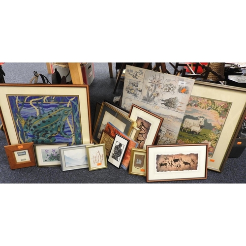 129 - Framed pictures and prints, two framed embroideries